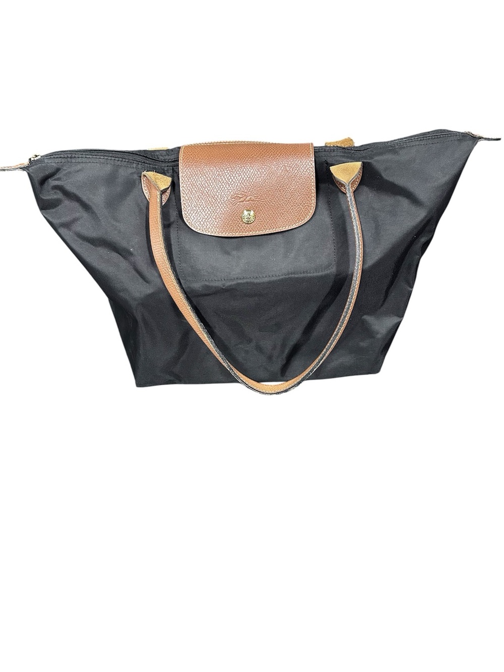 Longchamp Black Tote with Brown Leather Trim Medium